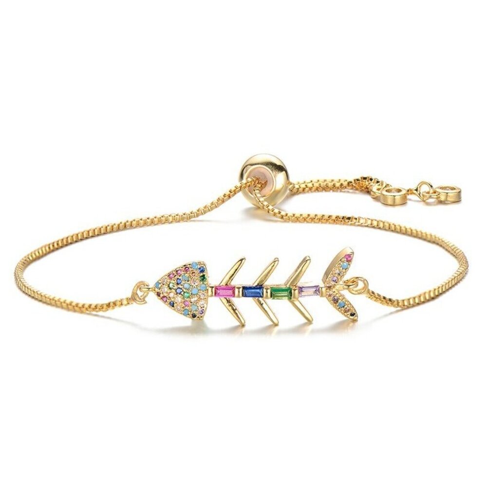 Fishbone Rainbow Cubic Zirconia Yellow Gold Bracelet